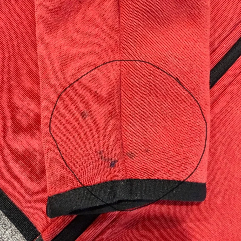 Nike Red Zip-Up Hoodie with Black Trim.Pre-Loved. Note circled flaw on  sleeve.